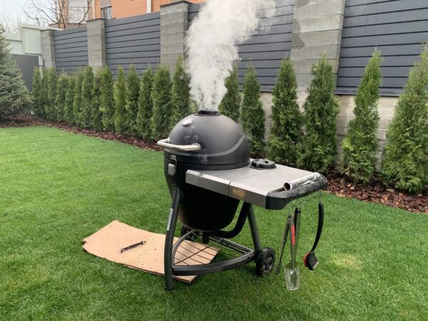 mocno dymiący grill na trawiastym podwórku a obok karton i w tle młode drzewka iglaste