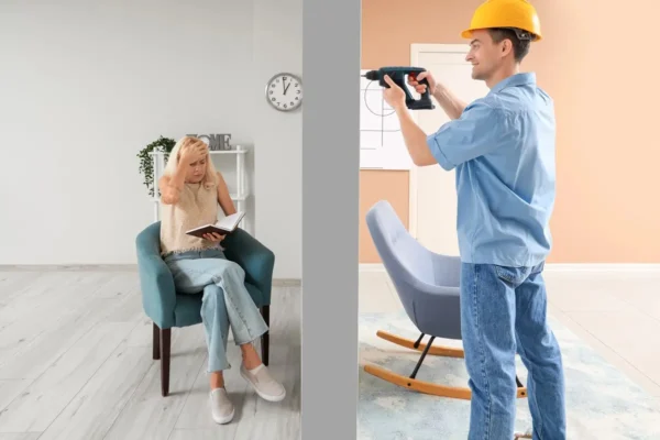 zmartwiona kobieta czytająca książkę w mieszkaniu i mężczyzna w kasku używający wiertarki w lokum obok