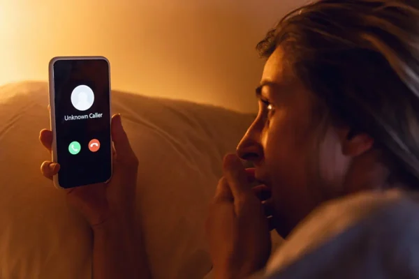 kobieta leżąca w łóżku w nocy trzymająca telefon z połączeniem od nieznanego numeru