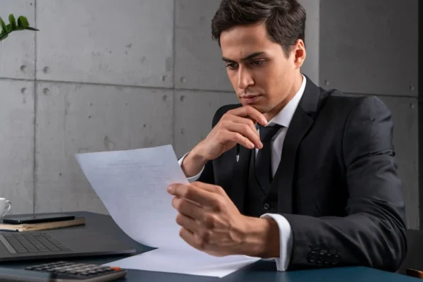 mężczyzna w garniturze siedzący przy biurku i analizujący dokument prawny z poważną miną
