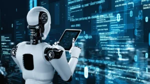 Biały android widziany od tyłu korzysta z tabletu na tle ekranów z niebieskim kodem programistycznym. AI skopiowało moją treść z bloga.